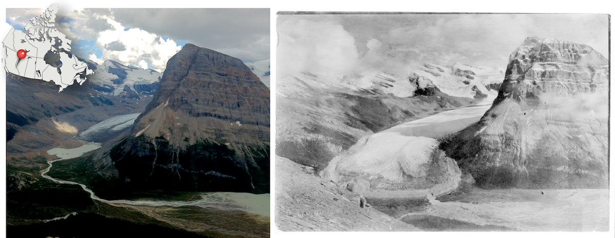 Rearguard Mountain and Robson Glacier in Mount Robson Provincial Park, BC. Left: Robson Glacier today, retreating up the valley. Right: Robson Glacier circa 1908. _Sources: Left- Karla Panchuk (2017) CC BY-SA 4.0 with photo by Steven Earle (2015) CC BY 4.0 [view source](https://opentextbc.ca/geology/wp-content/uploads/sites/110/2015/08/Rearguard-Mt.-and-Robson-Glacier.jpg). Right: A.P. Coleman (c. 1908) Public Domain. Click the image for more attributions._