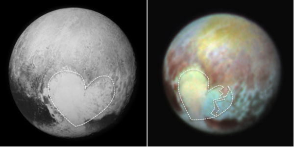 Photographs of Pluto. Left: The heart-shaped region called Tombaugh Regio is outlined. This region is named after Pluto's discoverer Clyde Tombaugh. Right: False-colour images show compositional variations in Tombaugh Regio. _Source: Karla Panchuk (2015) CC BY 4.0. Left photo- NASA/APL/SwRI (2015) Public Domain [view source](https://www.nasa.gov/feature/new-horizons-spacecraft-displays-pluto-s-big-heart-0), Right photo- NASA/APL/SwRI (2015) Public Domain. [view source](https://www.nasa.gov/image-feature/pluto-and-charon-shine-in-false-color)._