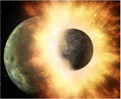 Artist's impression of a collision between planets. A similar collision between Earth and the planet Theia might have given us our moon. _Source: NASA/ JPL-Caltech (2009) Public Domain. [view source](https://www.nasa.gov/multimedia/imagegallery/image_feature_1454.html)._