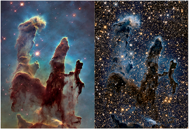 The Pillars of Creation within the Eagle Nebula viewed in visible light (left) and near infrared light (right). Near infrared light captures heat from stars and allows us to view stars that would otherwise be hidden by dust. This is why the picture on the right appears to have more stars than the picture on the left. _Source: NASA, ESA, and the Hubble Heritage Team (STScI/AURA) (2015) Public Domain. [view source](http://hubblesite.org/image/3474/news_release/2015-01)_