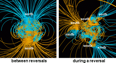 Earth’s magnetic field between reversals (left) and during a reversal (right). The lines represent magnetic field lines: blue where the field points toward Earth’s centre and yellow where it points away. The rotation axis of Earth is vertical, and the outline of the core is shown as a dashed white circle. _Source: NASA (2007) Public Domain [view source](https://commons.wikimedia.org/wiki/File:NASA_54559main_comparison1_strip.gif)_