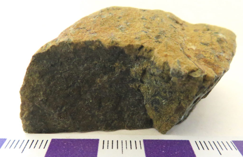 Tablelands mantle rock with reddish weathering rind, and dark green fresh surface. Scale in cm. _Source: Karla Panchuk (2017) CC BY 4.0_