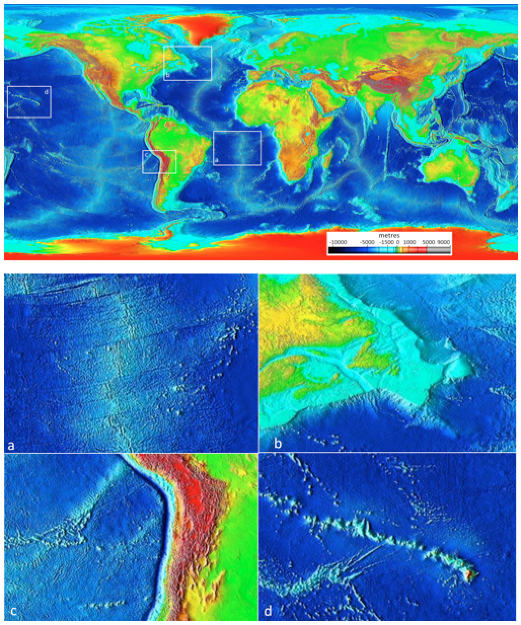 Ocean floor bathymetry (and continental topography). Inset (a): the mid-Atlantic ridge, (b): the Newfoundland continental shelf, (c): the Nazca trench adjacent to South America, and (d): the Hawaiian Island chain. _Source: Steven Earle (2015) CC BY 4.0 [view source](http://opentextbc.ca/geology/wp-content/uploads/sites/110/2015/07/image0371.png); Basemap after NOAA (2006) Public Domain _[_view source_](https://commons.wikimedia.org/wiki/File:Elevation.jpg)