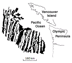 Pattern of sea-floor magnetic field intensity off the west coast of British Columbia and Washington. Black regions have higher than average magnetic field instensity, and white regions have lower than average intensity. _Source: Steven Earle (2015) CC BY-SA 4.0, modified after U. S. Geological Survey (n.d.) Public Domain [view source](https://geomaps.wr.usgs.gov/parks/noca/nocageol4c.html) (adapted from Raff and Mason, 1961)._