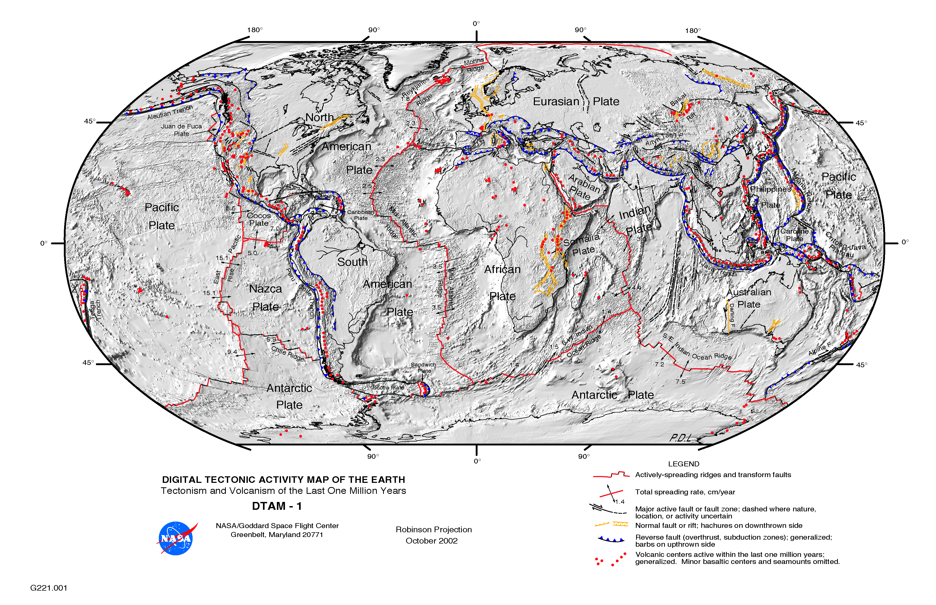 A detailed map of Earth's tectonic plates. Click on the map to enlarge._ Source: Paul Lowman and Jacob Yates, NASA Goddard Space Flight Center (2002) Public Domain [view source](https://visibleearth.nasa.gov/view.php?id=88415)_
