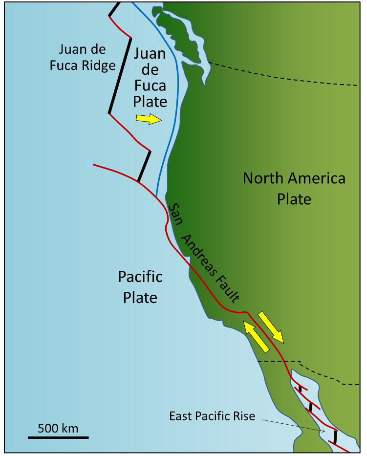 The San Andreas Fault extends from the north end of the East Pacific Rise in the Gulf of California to the southern end of the Juan de Fuca Ridge. All of the red lines on this map are transform faults. _Source: Steven Earle (2015) CC BY 4.0 _[_view source_](http://opentextbc.ca/geology/wp-content/uploads/sites/110/2015/07/image061.png)
