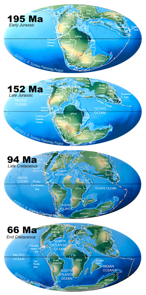 Sequence of paleogeographic reconstructions showing the breakup of Pangea. _Source: Karla Panchuk (2017) CC BY-NC-SA 4.0. Maps from C. R. Scotese, PALEOMAP Project (www.scotese.com). Click the image for map sources and terms of use._