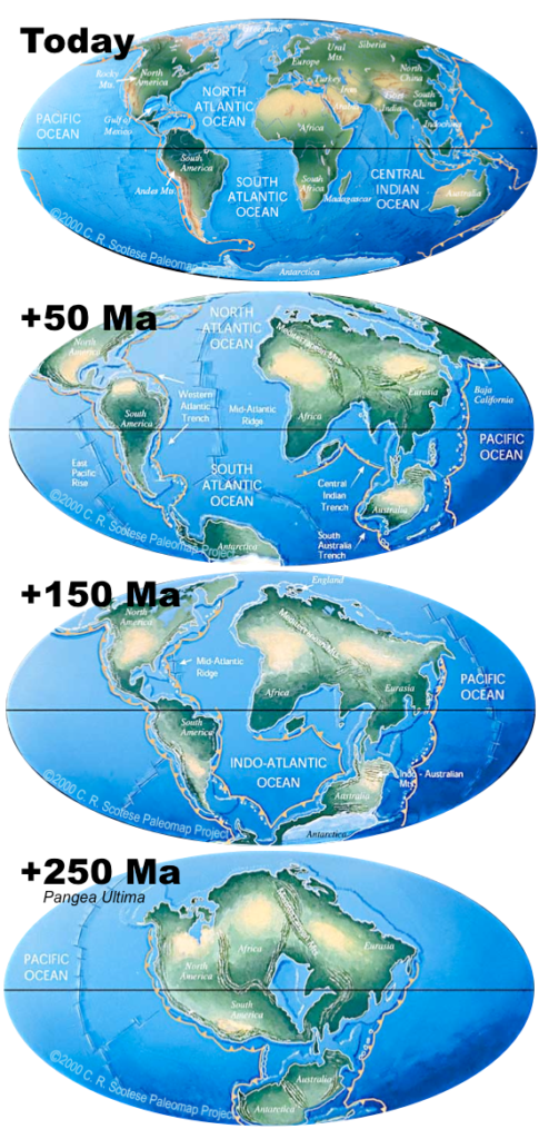 Sequence of reconstructions showing the possible future configuration of land masses on Earth at 50, 150, and 250 million years from now. Movements culminate in the formation of a new supercontinent called Pangea Ultima. _Source: Karla Panchuk (2017) CC BY-NC-SA 4.0. Maps from C. R. Scotese, PALEOMAP Project (www.scotese.com). Click the image for map sources and terms of use._