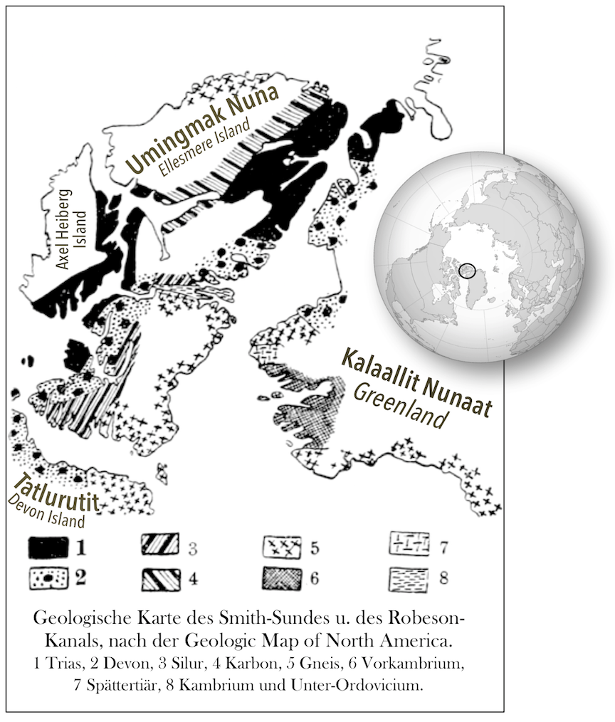 Diagram from Alfred Wegener's book [_Die Entstehung der Kontinente und Ozeane_](http://www.gutenberg.org/files/45460/45460-h/45460-h.htm#fig_26) comparing rock types on Canadian Arctic Islands and Greenland. _Source: Karla Panchuk (2018) CC BY 4.0. Click the image for more attributions._