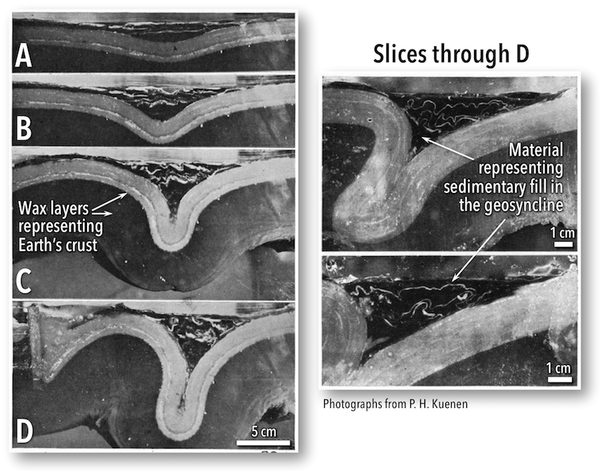 Simulation of mountain building within a geosyncline using layers of wax. Left- A sequence of photographs showing deformation in the wax layers as pistons apply increasing amounts of compression from the side. Right- Close-up view of slices through the wax layers at the end of the experiment, showing that stiffer white layers of wax folded in a way that resembled the folds in mountain belts. _Source: Karla Panchuk (2018) CC BY 4.0. Photographs from Kuenen (1937) Public Domain [view source](http://repository.naturalis.nl/document/549385)._