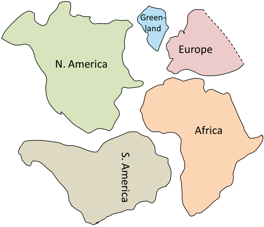 Mesozoic continent shapes. _Source: Steven Earle (2015) CC BY 4.0 [view source](http://opentextbc.ca/geology/wp-content/uploads/sites/110/2015/07/image0111.png)_