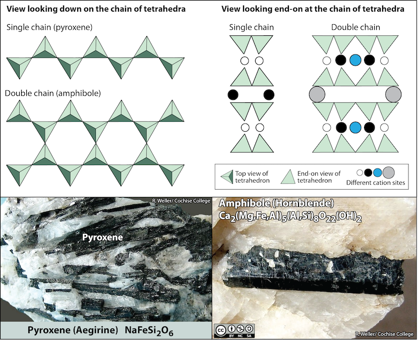 Chain silicate minerals. Top: Arrangement of silica tetrahedra in single and double chains. Bottom left: Pyroxene crystals (dark crystals) of the variety aegirine (acmite). Bottom right: Amphibole crystal (dark) of the variety hornblende. _Source: Karla Panchuk (2018) CC BY-NC-SA 4.0. Top left- modified after Steven Earle (2015) CC BY 4.0. Top right- modified after Klein &amp; Hurlbut (1993). Photos by R. Weller/ Cochise College. Click the image for sources._