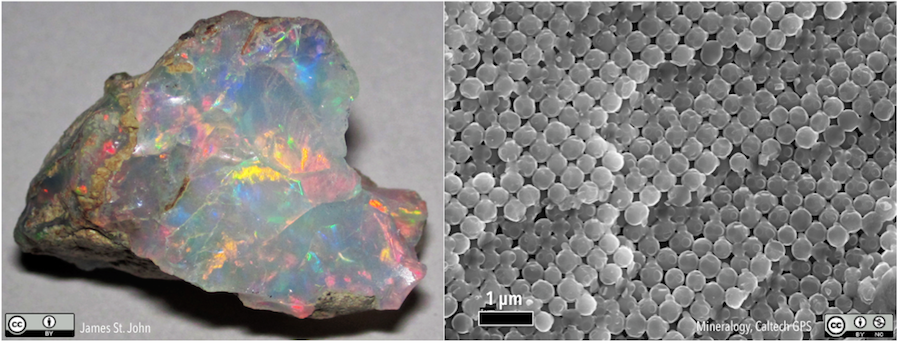 Opal is mineral-like, but does not have a crystalline structure. Instead, it is made up of layers of closely packed spheres (right). _Source: Left- James St. John (2016) CC BY 2.0 [view source](https://flic.kr/p/MKNwz9); Right- Mineralogy Division, Geological and Planetary Sciences, Caltech (n.d.) CC BY-NC [view source](http://minerals.gps.caltech.edu/COLOR_Causes/Physical_Process/opal-beads_40k.jpg)/ [view context](http://minerals.gps.caltech.edu/COLOR_Causes/Physical_Process/index.htm)_