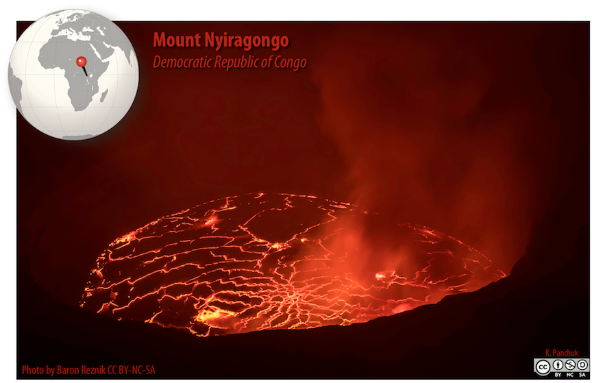Lava lake of Mount Nyiragongo, a volcano in the Democratic Republic of Congo. Igneous rocks form when melted rock freezes. _Source: Karla Panchuk (2018) CC BY-NC-SA 4.0. Photo by Baron Reznik (2015) CC BY-NC-SA 2.0 [view source](https://flic.kr/p/Djj4js). Click the image for more attributions._