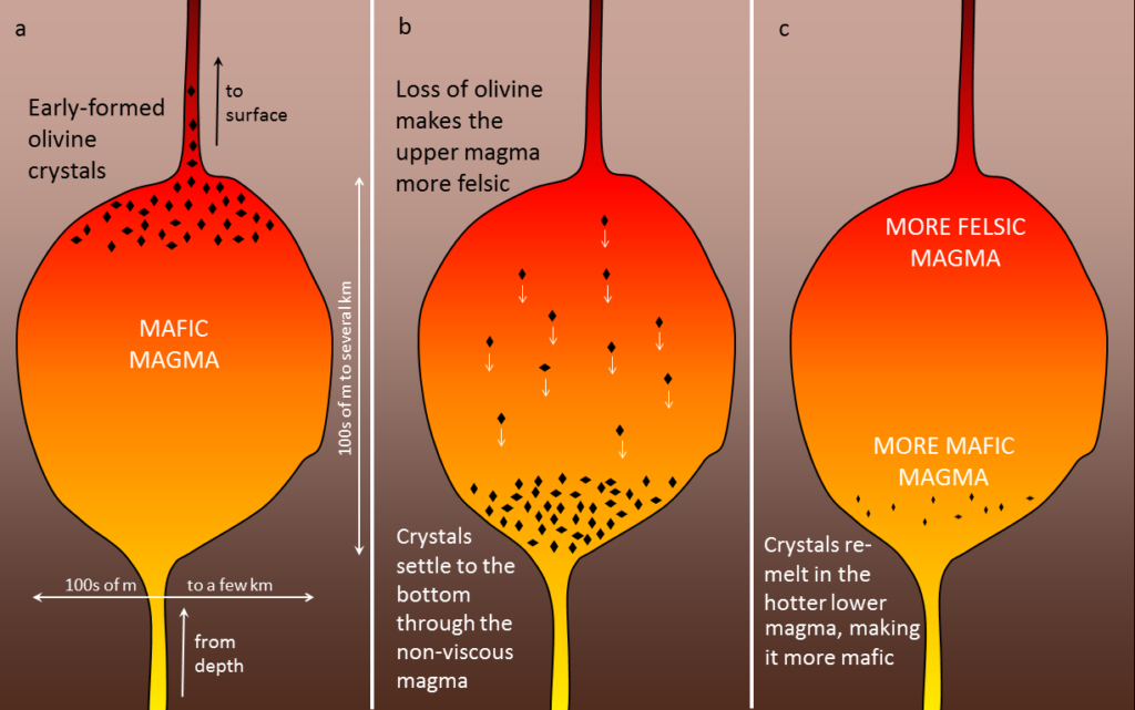 Formation of a zoned magma chamber. a- Olivine crystals form. b- Olivine crystals settle to the base of the magma chamber, leaving the upper part of the chamber richer in silica. c- Olivine crystals remelt, making magma at the base of the chamber more mafic. _Source: Steven Earle (2015) CC BY 4.0 [view source](https://opentextbc.ca/physicalgeologyearle/wp-content/uploads/sites/145/2016/06/magma-chamber2.png)_