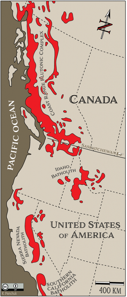 The Coast Range Plutonic Complex (also called the Coast Range Batholith) is the largest in the world. It is part of a chain of batholiths along the western coast of North America. _Source: Karla Panchuk (2018) CC BY 4.0. Modified after Bally (1989)._