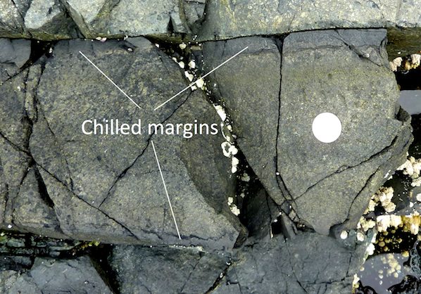 A mafic dike with chilled margins within basalt at Nanoose, B.C. The coin is 24 mm in diameter. The dike is about 25 cm across and the chilled margins are 2 cm wide. _Source: Steven Earle (2015) CC BY 4.0 [view source](https://opentextbc.ca/physicalgeologyearle/wp-content/uploads/sites/145/2016/06/mafic-dyke2.png)_