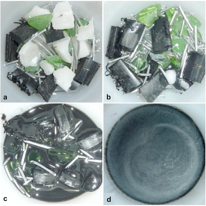 An experiment to illustrate partial melting. (a) The original components are white candle wax, black plastic pipe, green beach glass, and aluminum wire. (b) After heating to 50˚C for 30 minutes only the wax has melted. (c) After heating to 120˚C for 60 minutes much of the plastic has melted and the two liquids have mixed. (d) The liquid has been poured off and allowed to cool, making a solid with a different overall composition from the original mixture. _Source: Steven Earle (2015) CC BY 4.0 [view source](http://opentextbc.ca/geology/wp-content/uploads/sites/110/2015/07/partial_melting.png)_