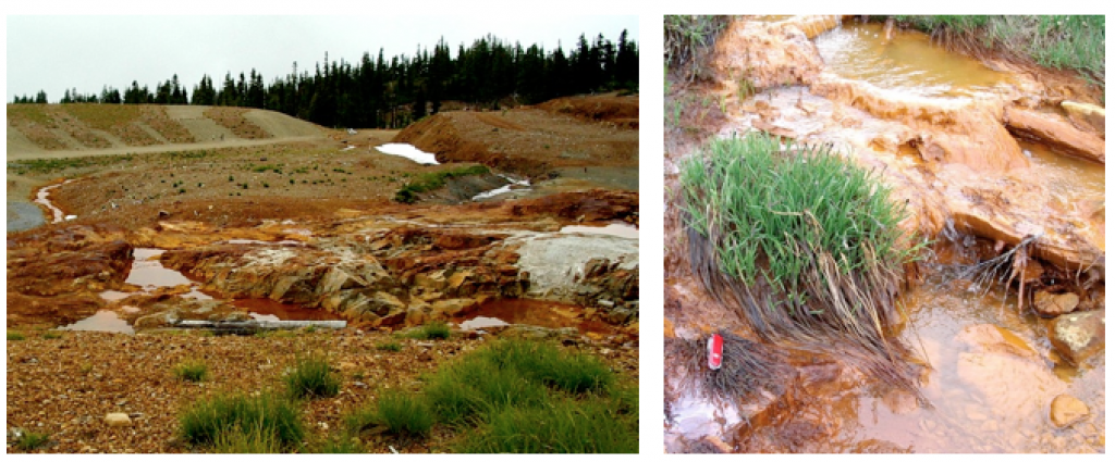Acid mine drainage. Left: Mine waste where exposed rocks undergo oxidation reactions and generate acid at the Washington Mine, BC. Right: An example of acid drainage downstream from the mine site. _Source: Steven Earle (2015) CC BY 4.0 [view source](https://opentextbc.ca/geology/wp-content/uploads/sites/110/2015/07/Mt.-Washington-Mine.png)_