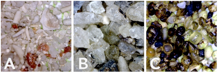 Three examples of sand grains. _Source: Steven Earle (2016) CC BY 4.0 View sources: [Sample A](https://opentextbc.ca/geology/wp-content/uploads/sites/110/2015/07/image039.jpg)[, Sample B](https://opentextbc.ca/geology/wp-content/uploads/sites/110/2015/07/image041.jpg), [Sample C](https://opentextbc.ca/geology/wp-content/uploads/sites/110/2015/07/image043.jpg)._