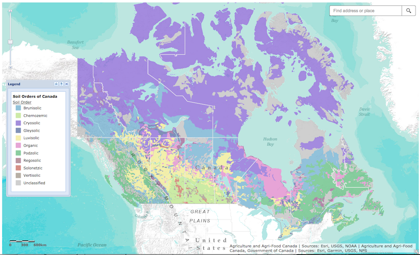 Distribution of soil orders in Canada. Click [here](http://www.agr.gc.ca/atlas/agpv?webmap-en=c225cc78d5b142d58eacefae91cc535b&amp;webmap-fr=ad0b6822a33e411683f99979a1167efa) to go to the interactive map. _Source: Agrifood and Agriculture Canada. Contains information licensed under the Open Government License - Canada. Click the image for terms of use.<br>_