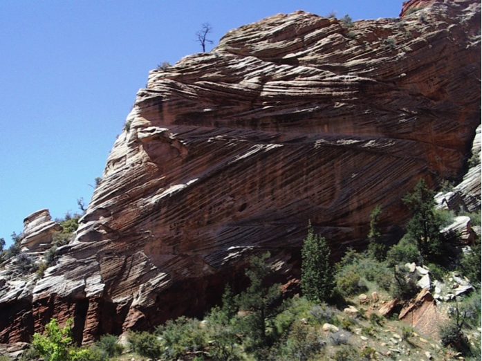 Cross-bedded Jurassic Navajo Formation aeolian sandstone at Zion National Park, Utah. In most of the layers the cross-beds dip down toward the right, implying wind direction from right to left during deposition. One bed dips in the opposite direction, implying a different wind direction. _Source: Steven Earle (2015) CC BY 4.0 [view source](http://opentextbc.ca/geology/wp-content/uploads/sites/110/2015/06/Cross-bedded.png)_