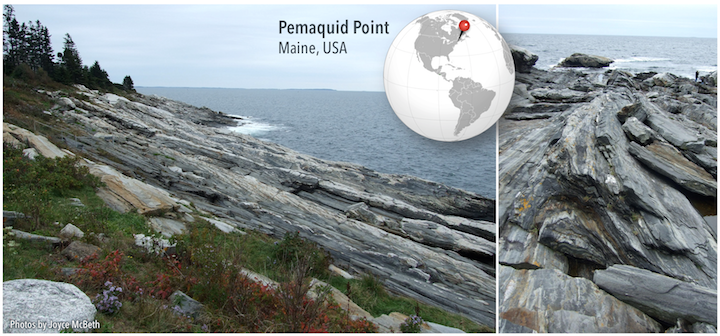 Grey and white striped metamorphic rocks (called gneiss) at Pemaquid Point were transformed by extreme heat and pressure during plate tectonic collisions. _Source: Karla Panchuk (2018) CC BY 4.0. Photos by Joyce McBeth (2009) CC BY 4.0 view source [left](https://flic.kr/p/24BLzLH)/ [right](https://flic.kr/p/24BLC5v). Map by Flappiefh (2013), derivative of Reisio (2005), Public Domain [view source](https://en.m.wikipedia.org/wiki/File:Blankmap-ao-090W-americas.png)._
