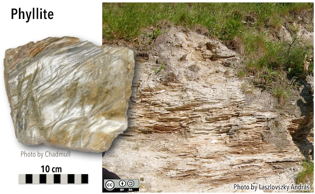 Phyllite, a fine-grained foliated metamorphic rock. Left- A hand sample showing a satin texture. Right- The same rock type in outcrop in the city of Sopron, Hungary. _Source: Karla Panchuk (2018) CC BY-SA 4.0. Photos: Left- Chadmull (2006) Public Domain [view source](https://commons.wikimedia.org/wiki/File:Phyllit_Hormersdorf.jpg); Right- Laszlovszky András (2008) CC BY-SA 2.5 [view source](https://commons.wikimedia.org/wiki/File:Leukofillit_kib%C3%BAv%C3%A1s01.jpg)_