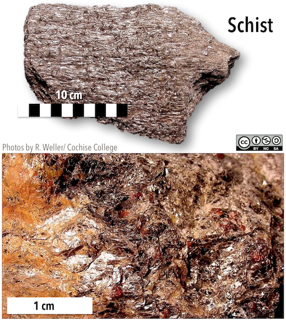 Schist, a medium- to high-grade foliated metamorphic rock. Top- Hand sample showing light reflecting off of mica crystals. Bottom- Close-up view of mica crystals and garnet. _Source: Karla Panchuk (2018) CC BY-NC-SA 4.0. Photos by R. Weller/ Cochise College. Click the image for photo sources and terms of use._