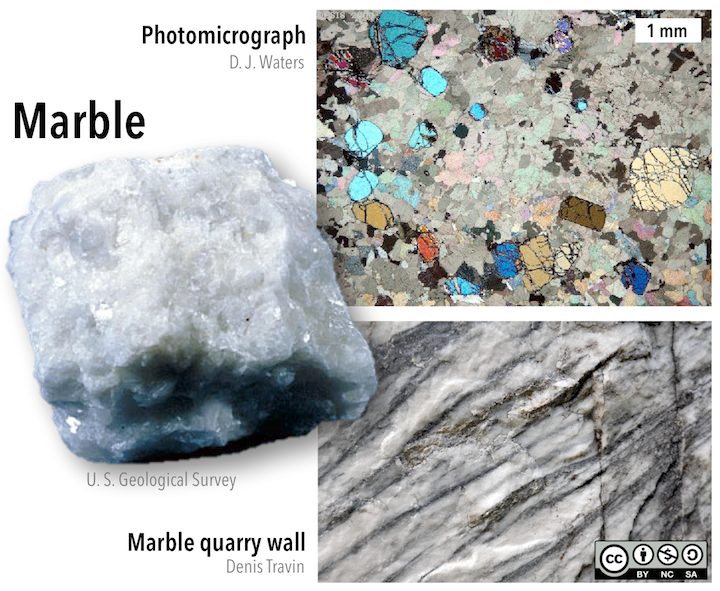 Marble is a non-foliated metamorphic rock with a limestone protolith. Left- Marble made of pure calcite is white. Upper right- microscope view of calcite crystals within marble that are blocky and not aligned. Lower right- A quarry wall showing the "marbling" that results when limestone contains components other than calcite._ Source: Karla Panchuk (2018) CC BY-NC-SA. Click the image for more attributions._
