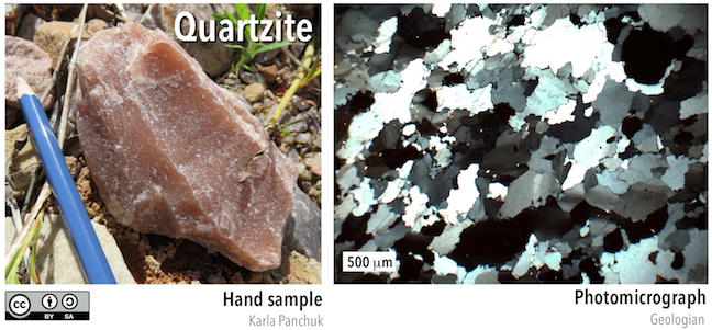 Quartzite is a non-foliated metamorphic rock with a sandstone protolith. Left- Quartzite from the Baraboo Range, Wisconsin. Right- Photomicrograph showing quartz grains in quartzite from the Southern Appalachians. In the upper left half of the image, blocky quartz crystals show some evidence of alignment running from the upper right to the lower left. _Source: Karla Panchuk (2018) CC BY-SA 4.0. Photomicrograph: Geologian (2011) CC BY-SA 3.0 [view source](https://commons.wikimedia.org/wiki/File:S._Apps_Quartzite.jpg)_