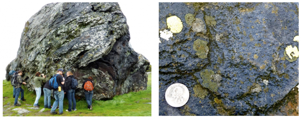 Franciscan Complex blueschist exposed north of San Francisco. The blue colour of the rock is due to the presence of the amphibole mineral glaucophane. _Source: Steven Earle (2015) CC BY 4.0 [view source](http://opentextbc.ca/geology/wp-content/uploads/sites/110/2015/07/Franciscan-Complex-.png)_