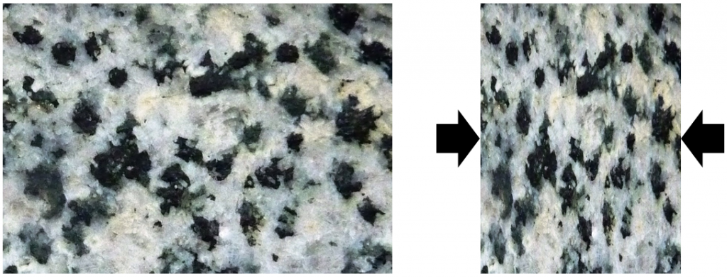 Foliation that develops when minerals are squeezed and deform by lengthening in the direction perpendicular to the greatest stress (indicated by black arrows). Left- before squeezing. Right- after squeezing. _Source: Steven Earle (2015) CC BY 4.0 [view source](http://opentextbc.ca/geology/wp-content/uploads/sites/110/2015/07/image006.png)_