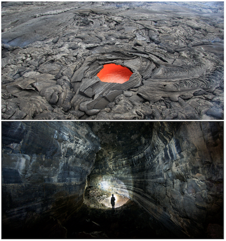 Lava tubes. Top: An opening in the roof of a lava tube (called a skylight) permitting a view of lava flowing through the tube (Puʻu ʻŌʻō crater, Kīlauea). The opening is approximately 6 m across. Bottom: Inside a lava tube that channelled lava away from Mt. St. Helens in an eruption 1,895 years ago. _Sources: Top: U. S. Geological Survey (2016) Public Domain. [view source](https://flic.kr/p/JuvsfJ) Bottom: Thomas Shahan (2013) CC BY-NC 2.0 [view source](https://flic.kr/p/s3RDMf)<br>_