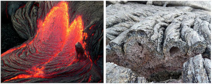 Ropy lava from Hawaii. Left: Ropy texture forming as a thin surface layer of lava cools and is wrinkled by the motion of lava flowing beneath it. Right: Cross-section view of ropy lava. _Sources: Left: Z. T. Jackson (2005) CC BY NC-ND 2.0 [view source](https://flic.kr/p/5WpxCf); Right: Fiddledydee (2011) CC BY-NC 2.0 [view source](https://flic.kr/p/9RqSoY)._