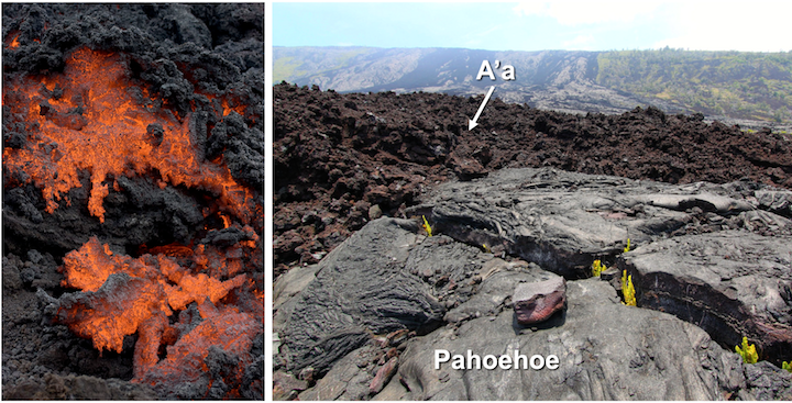 Aa lava flows. Left: Close-up view of a'a forming during an eruption of Pacaya Volcano in Guatemala. Field of view approximately 1 m across. Right: Rubbly reddish-brown a'a lava flow viewed from Chain of Craters Road, Hawai’i Volcanoes National Park. Pahoehoe is visible in lighter grey in the foreground. Sources: Photo of Hawaiian aa and pahoehoe: Roy Luck (2009) CC BY 2.0 [view source](https://flic.kr/p/6JqWTV); Pacaya aa: Greg Willis (2008) CC BY-SA 2.0 (labels added) [view source](https://commons.wikimedia.org/wiki/File:Pacaya_Volcano_-_Guatemala_(4251539562).jpg).