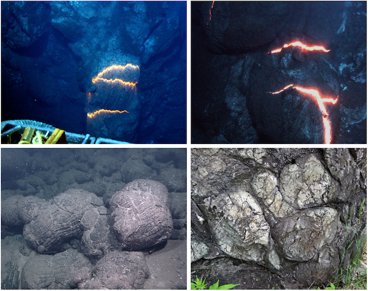 Pillow lavas. Top left: A tube of lava extruding underwater. Hot lava can be seen through cracks in the wall of the tube. The image is approximately 1 m across. (Pacific Ocean, near Fiji). Top right: The rounded end of a tube with cracks showing the lava within. (Pacific Ocean, near Fiji). Bottom left: sea floor near the Galápagos Islands covered with pillow lavas. Bottom right: A boulder made of 2.7 billion year old pillows derived from the Ely Greenstone in north-eastern Minnesota. _Sources: Top left- NSF and NOAA (2010) CC BY 2.0 [view source](https://flic.kr/p/93orFj); Top right- NSF and NOAA (2010) CC BY 2.0 [view source](https://flic.kr/p/93kj7x); Bottom left- NOAA Okeanos Explorer Program, Galápagos Rift Expedition 2011 (2011) CC BY 2.0 [view source](https://flic.kr/p/fUzHjD); Bottom right- James St. John (2015) CC BY 2.0 [view source](https://www.flickr.com/photos/jsjgeology/20831596894/in/photolist-xJPnZG-yGzEkB-xRj8DT-yKZWEE-ypdQSG-xRb6LS-yMdGzQ-ypfznY-yFRoTn-xRhtFG-xJPfvd-ypjTgg-yMdDNC-yDwbyJ-yDw3Wu-yNcwpZ-yNcLeT-yKTeKf-yvzLio-yESdbm-xRocM4-HCZyD2-xRiTPD-yNczMR-JEP1z9-yKZQo1-yvzxY3-yvN9BX-yMhBwA-93kj66-K5b5va-qMVzsN-yETq1w-rJP8eL-yGzXie-qdJd4B-MiF3Yi-MWnmFN-LQw7ks-L5GHUt-M8iUGh-yKZE5A-yvFJbK-ypeH93-ypefhf-fQtYNA-dXbbnp-dX9Gux-8jk155-7Xd75s)._
