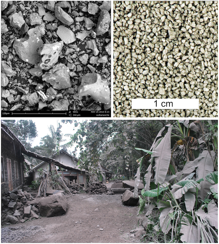 Volcanic ash. Upper left: Ash from 2010 eruption of Eyjafjallajökull in Iceland, magnified approximately 1000x. Upper right- Ash from the 1980 eruption of Mt. St. Helens, collected at Yakima, Washington. Bottom: Indonesian village after the eruption of Mt. Merapi in 2010. _Sources: Upper left: Birgit Hartinger, AEC (2010) CC BY-NC-ND 2.0. [view source](https://flic.kr/p/86G3Nz) Upper right: James St. John (2014) CC BY 2.0 (scale added) [view source](https://flic.kr/p/oUPZxZ) Bottom: AusAID/Jeong Park (2010) CC BY 2.0. [view source](https://flic.kr/p/hfkWdo) _