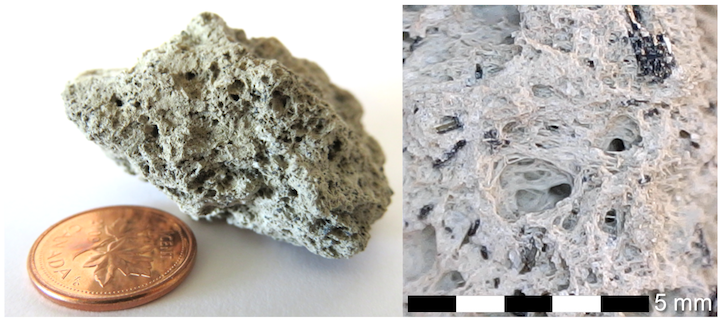 Lapilli-sized pumice collected from the shores of Lake Atitlán in Guatemala by H. Herrmann. The lake is a flooded caldera, and is surrounded by active volcanoes. Right: Magnified view showing vesicular structure and amphibole crystals (dark patches). _Source: Karla Panchuk (2017) CC BY 4.0_