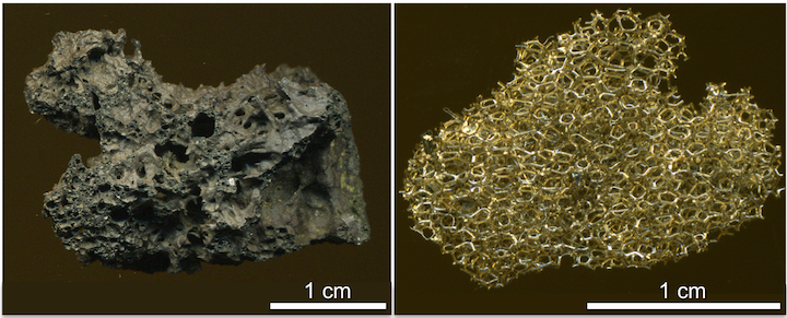 Mafic lapilli with vesicular textures. Left: Scoria from Mount Fuji, Japan. Scoria is the denser mafic counterpart to pumice. Right: Reticulite from Kīlauea Volcano. Reticulite is a delicate network of volcanic glass that forms when the walls separating gas bubbles pop. _Sources: Left- James St. John (2014) CC BY 2.0 (scale added) [view source](https://flic.kr/p/oCcn1y); Right- James St. John (2014) CC BY 4.0 (scale added) [view source](https://flic.kr/p/oBgu7W)._