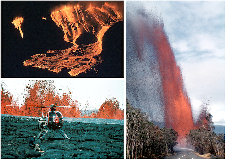 Hawai‘ian eruptions. Top left: Fissure eruption at Kīlauea Iki Crater in November of 1959. Bottom left: Lava fountains from an eruption of Mauna Loa Volcano in 1984. Right: Lava fountain from Kīlauea Iki Crater eruption in November of 1959. _Sources: Top left- U. S. Geological Survey (1959) Public Domain. [view source](https://volcanoes.usgs.gov/volcanoes/kilauea/geo_hist_kilauea_iki.html) Bottom left: R. B. Moore, U. S. Geological Survey (1984) Public Domain. [view source](https://flic.kr/p/qP8tH2) Right- U. S. Geological Survey (1959) Public Domain. [view source](https://volcanoes.usgs.gov/volcanoes/kilauea/geo_hist_kilauea_iki.html) _
