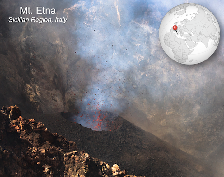 Strombolian eruption of Mt. Etna. Sputtering lava forms a smaller cinder cone around a vent within the crater of Etna. _Source: Karla Panchuk (2017) CC BY-SA 4.0. Photograph- Robin Wylie (2012) CC BY 2.0. [view source](https://flic.kr/p/cGD8Gy) Click the image for more attributions. _