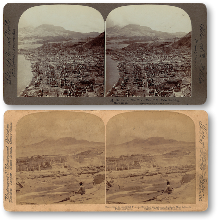 Two stereographs of the ruins of St. Pierre, published in 1902. Stereographs are viewed with a stereoscope to make an image appear three dimensional. Top- "St. Pierre, 'the city of dead,' Mt. Pelee smoking, Martinique"; Bottom- "Overlooking the mud-filled Roxelane River bed, and ash-covered ruins, to Mont Pelée, St. Pierre, Martinique." _Source: Top- Boston Public Library (2013) CC BY 2.0 [view source](https://flic.kr/p/ke2Eka); Bottom- Boston Public Library (2013) CC BY 2.0 [view source](https://flic.kr/p/ke3gz6)_