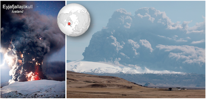 Hydrovolcanic eruption of Eyjafjallajökull in April of 2010. Left- Eruptive column with volcanic lightning. Volcanic lightning is caused by the static electricity generated by volcanic ash particles rubbing together. Right- Another view of the ash cloud, with westward winds carrying ash toward Europe where it would disrupt air traffic. _Source: Karla Panchuk (2017) CC BY-SA 4.0. Left photograph: Terje Sørgjerd (2010) CC BY-SA 3.0 [view source ](https://commons.wikimedia.org/wiki/File:Eyjafjallaj%C3%B6kull_by_Terje_S%C3%B8rgjerd.jpg)Right photograph: Henrik Thorburn (2010) CC BY 3.0 [view source](https://commons.wikimedia.org/wiki/File:Eyjafjallajokull_volcano_plume_2010_04_17.jpg) Click the image for more attributions._