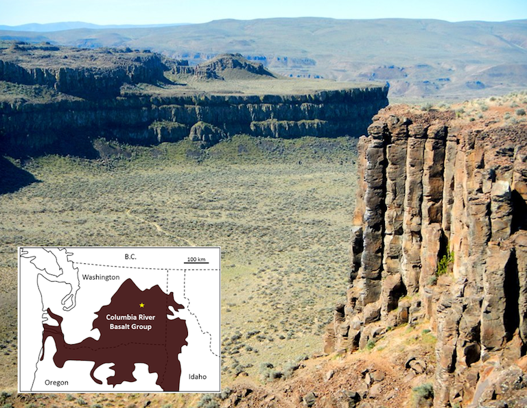 Part of the Columbia River Basalt Group at Frenchman Coulee, eastern Washington, United States. All of the flows visible here have formed large (up to two metres in diameter) columnar basalts, a result of relatively slow cooling of flows that are tens of m thick. The inset map shows the approximate extent of the 17 to 14 Ma Columbia River Basalts, with the location of the photo shown as a star. _Source: Steven Earle (2015) CC BY 4.0 [view source](https://opentextbc.ca/physicalgeologyearle/wp-content/uploads/sites/145/2016/06/columbia.png)_