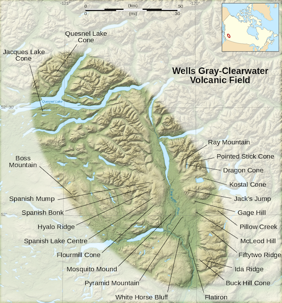 Wells Gray-Clearwater Volcanic Field is the result of extension in the crust. _Source: Sémhur (2007) CC BY-SA 4.0. [view source](https://commons.wikimedia.org/wiki/File:Wells_Gray-Clearwater_Volcanic_Field-en.svg) Click the image to enlarge._