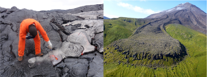 Lava flows. Left: A geologist collects a sample from a basaltic lava flow in Hawaii. Right: an andesitic lava flow from Kanaga Volcano in the Aleutian Islands. _Source: Left- U. S. Geological Survey (2014) Public Domain [view source](https://www.flickr.com/photos/usgeologicalsurvey/14493307891/in/album-72157637377510893/); Right- Michelle Combs, U. S. Geological Survey (2015) Public Domain [view source](https://www.flickr.com/photos/usgeologicalsurvey/22432739869/in/album-72157637377510893/)_