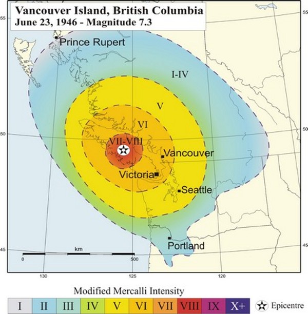 Intensity map for the M7.3 Vancouver Island earthquake on June 23, 1946. _Source: Earthquakes Canada, Natural Resources Canada (2016) [view source](http://www.earthquakescanada.nrcan.gc.ca/historic-historique/events/19460623-en.php). Click the image for terms of use._
