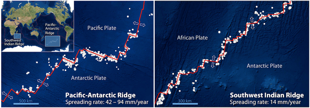 Locations of earthquakes of magnitude 4 and greater from 1990 to 2010 along two mid-ocean ridges. Plate boundaries are marked in red. Arrows show the direction of plate motion. Left: Rapidly spreading Pacific-Antarctic ridge with earthquakes concentrated along transform faults. Right: Slowly spreading Southwest Indian Ridge, with earthquakes along both spreading segments and transform faults. _Source: Karla Panchuk (2017) CC BY 4.0. Base maps with epicentres generated using the U. S. Geological Survey Latest Earthquakes website. [Visit Latest Earthquakes](https://earthquake.usgs.gov/earthquakes/map/)_