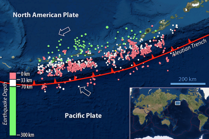 Earthquakes of M4.5 and greater from 2010 to 2017 along the Aleutian Trench subduction zone (red line; teeth point in the direction of the subducting slab). White arrows show the directions of plate movement. Circle colours indicate the depths of earthquakes (see legend, lower left). Earthquakes become deeper moving north from the subduction zone. _Source: Karla Panchuk (2017) CC BY 4.0. Base maps with epicentres generated using the U. S. Geological Survey Latest Earthquakes website. [Visit Latest Earthquakes](https://earthquake.usgs.gov/earthquakes/map/#%7B%22feed%22%3A%221511022407828%22%2C%22sort%22%3A%22newest%22%2C%22basemap%22%3A%22satellite%22%2C%22restrictListToMap%22%3A%5B%22restrictListToMap%22%5D%2C%22timezone%22%3A%22utc%22%2C%22mapposition%22%3A%5B%5B48.548%2C-178.072%5D%2C%5B53.724%2C-165.328%5D%5D%2C%22overlays%22%3A%5B%22plates%22%5D%2C%22viewModes%22%3A%5B%22list%22%2C%22map%22%5D%2C%22listFormat%22%3A%22default%22%2C%22autoUpdate%22%3Afalse%2C%22search%22%3A%7B%22id%22%3A%221511022407828%22%2C%22name%22%3A%22Search%20Results%22%2C%22isSearch%22%3Atrue%2C%22params%22%3A%7B%22starttime%22%3A%222000-10-17%2000%3A00%3A00%22%2C%22endtime%22%3A%222017-11-16%2023%3A59%3A59%22%2C%22maxlatitude%22%3A53.724%2C%22minlatitude%22%3A48.548%2C%22maxlongitude%22%3A-165.328%2C%22minlongitude%22%3A-178.072%2C%22minmagnitude%22%3A4.5%2C%22mindepth%22%3A0%2C%22maxdepth%22%3A33%2C%22orderby%22%3A%22time%22%7D%7D%7D)_
